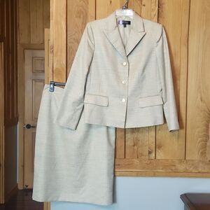 Kasper Metallic Gold Holiday Party Single Breasted Blazer Skirt Suit Set Size 12